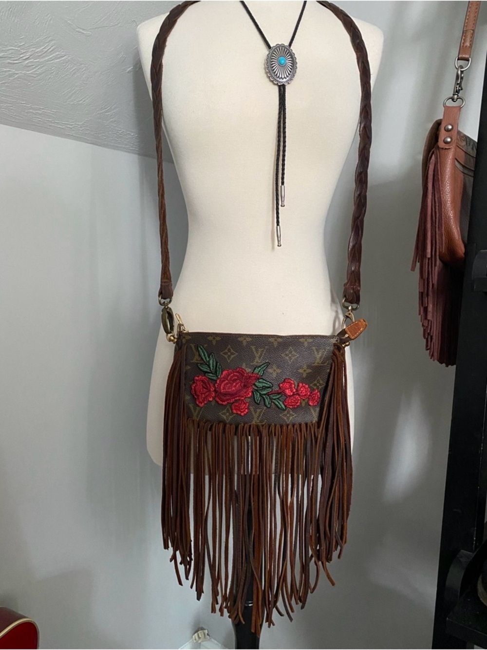 Louis Vuitton Fringe Crossbody Bag with Red Rose Embroidery - Brown
